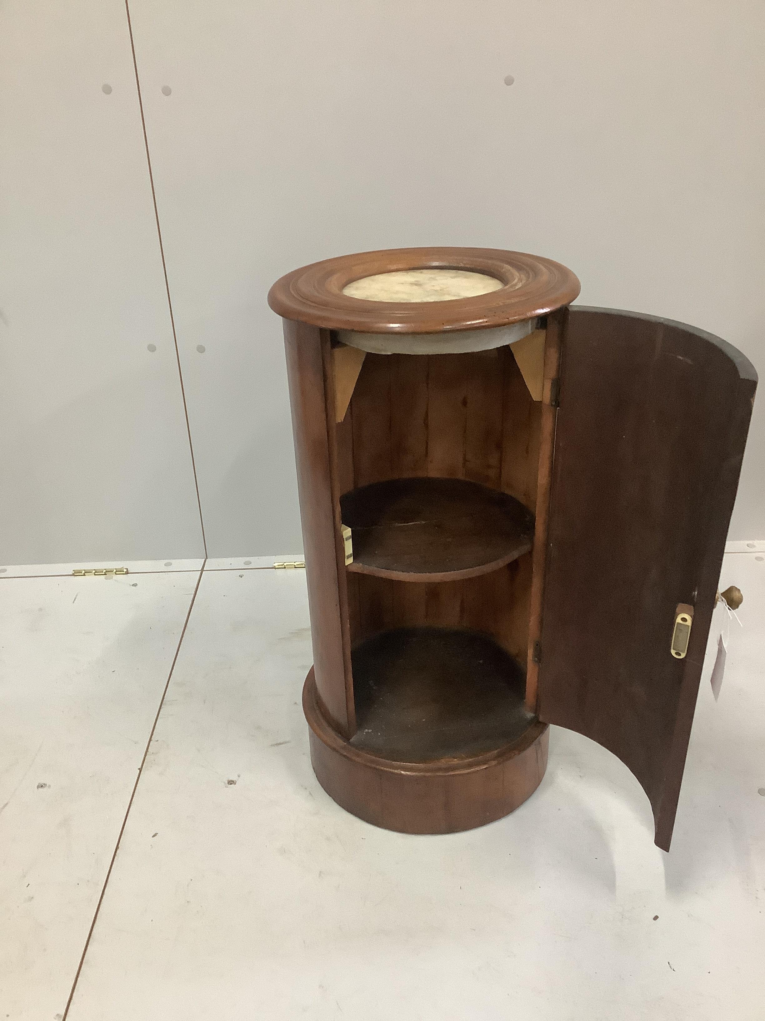 A Victorian mahogany cylindrical pot cupboard with marble inset top, diameter 35cm, height 73cm